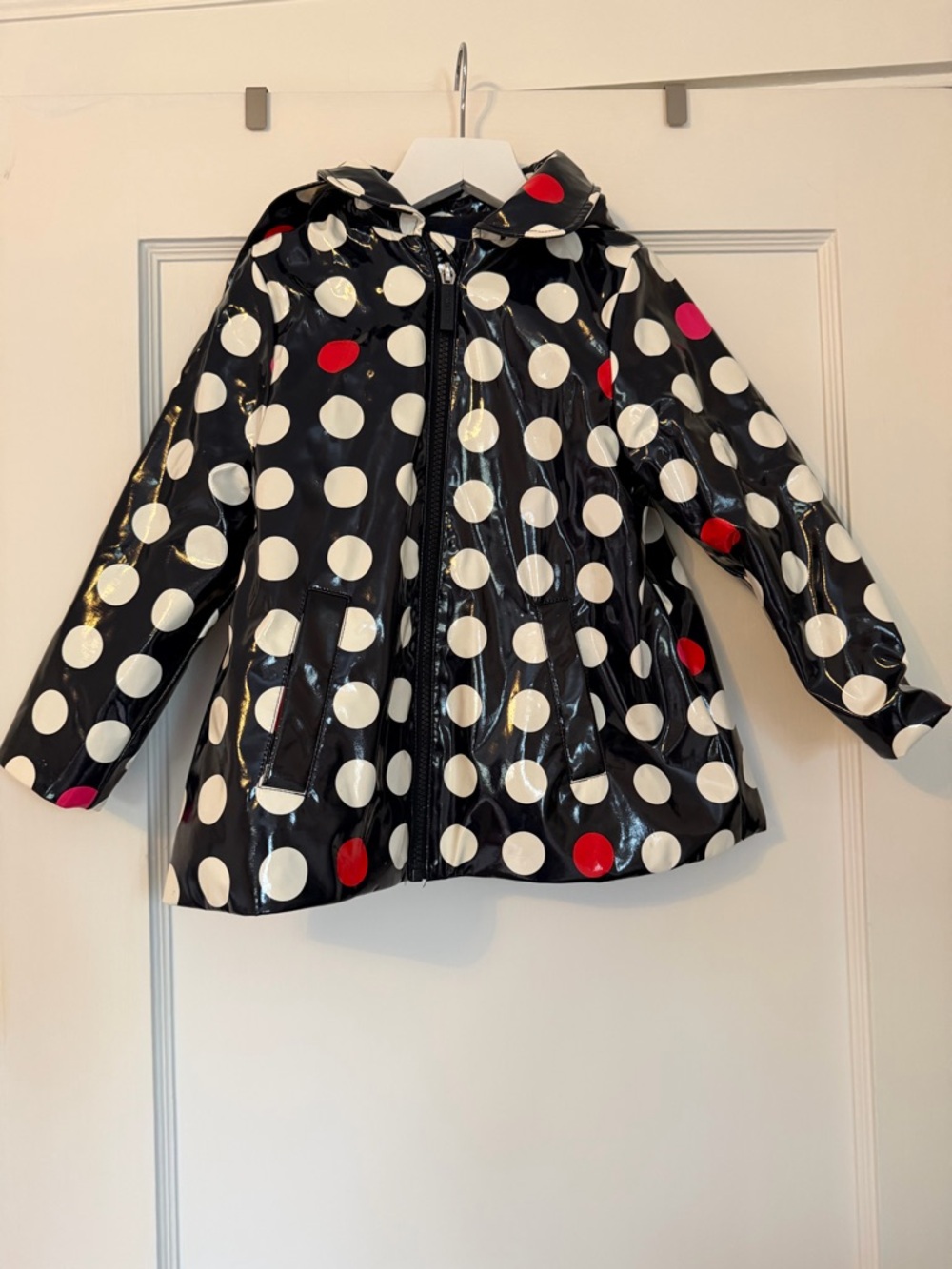Girl Jacadi navy blue polka dot raincoat with white, pink & red dots